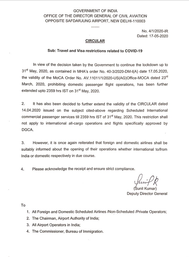 Government of India, Office of the Director General of Civil Aviation: Circular dated 17.5.2020 - Travel and Visa restrictions related to Covid-19